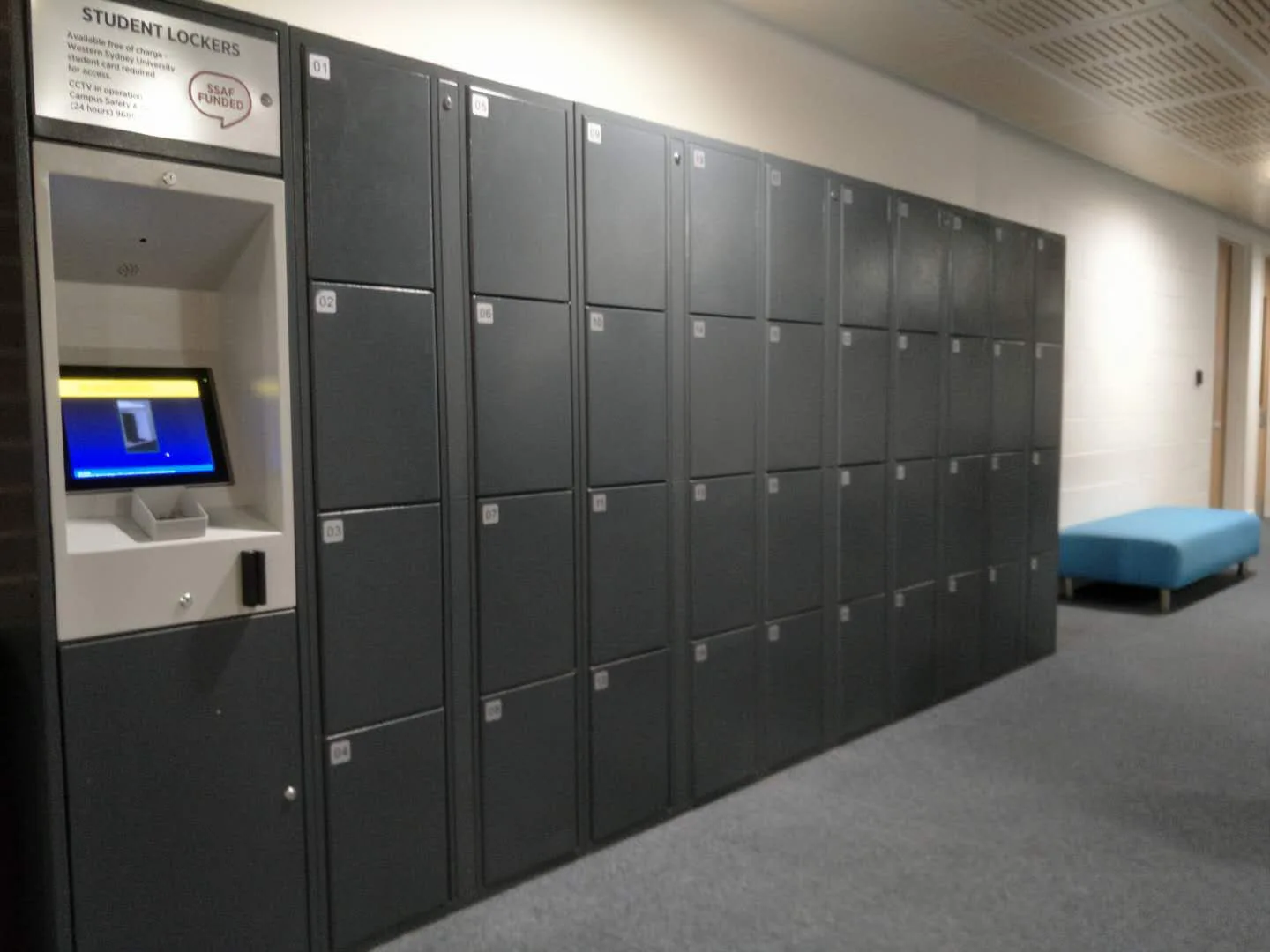 Secure electronic locker bank with control terminal