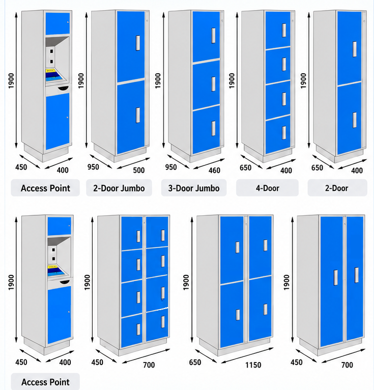 Original eLockers blue locker bank and access terminal