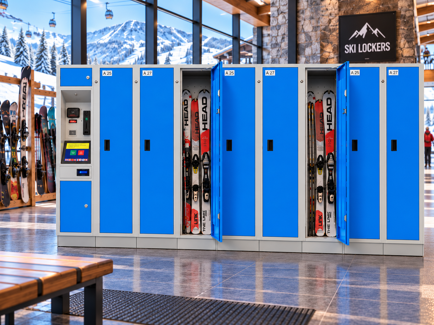Original eLockers ski storage showing skis, one-door compartments and access-point terminal