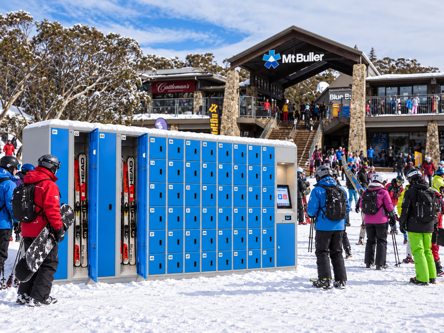 Original eLockers blue ski storage cabinets with self-service paypoint and skis